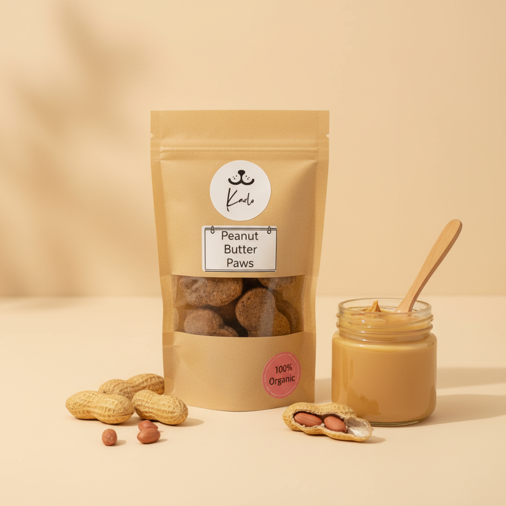 Peanut Butter Paws dog treats in kraft paper bag on cream background with peanuts